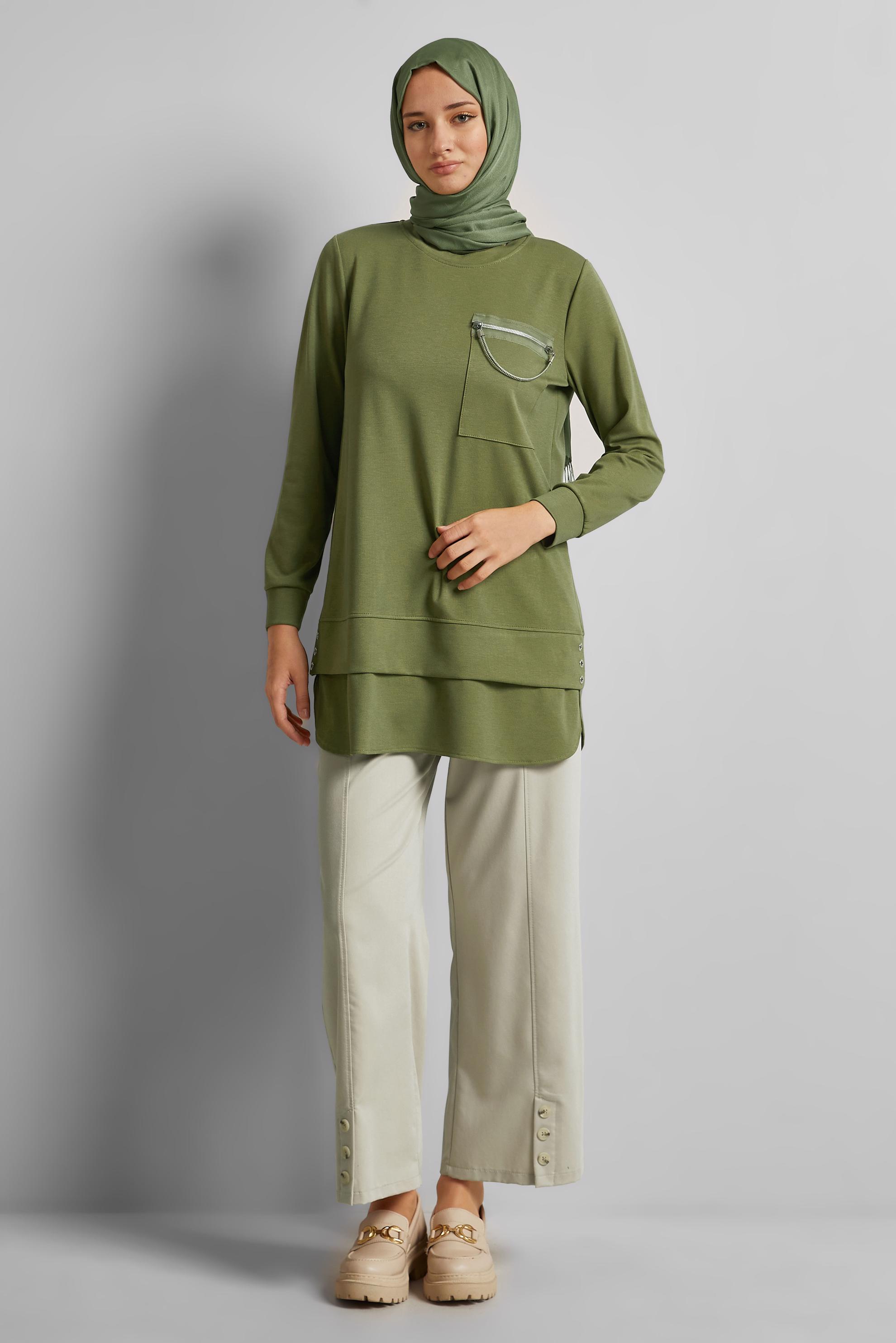 Tesettür giyim YEŞİL ZİNCİR DETAYLI EŞOFMAN TUNİK 45628