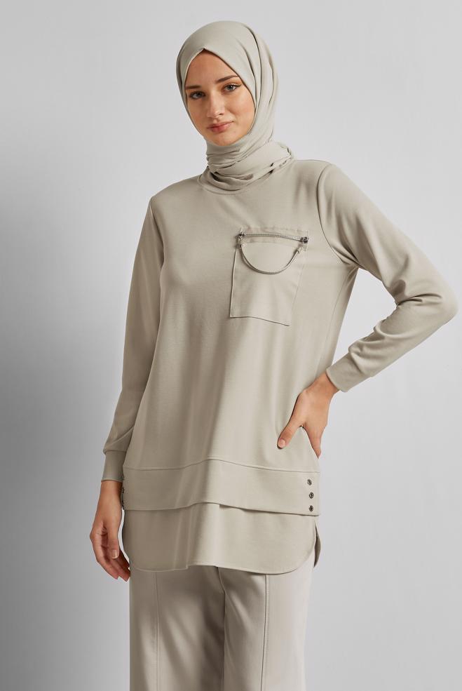 Hijab clothing BEIGE CHAIN DETAILED TRACKSUIT TUNIC 45628 - ALVİNA