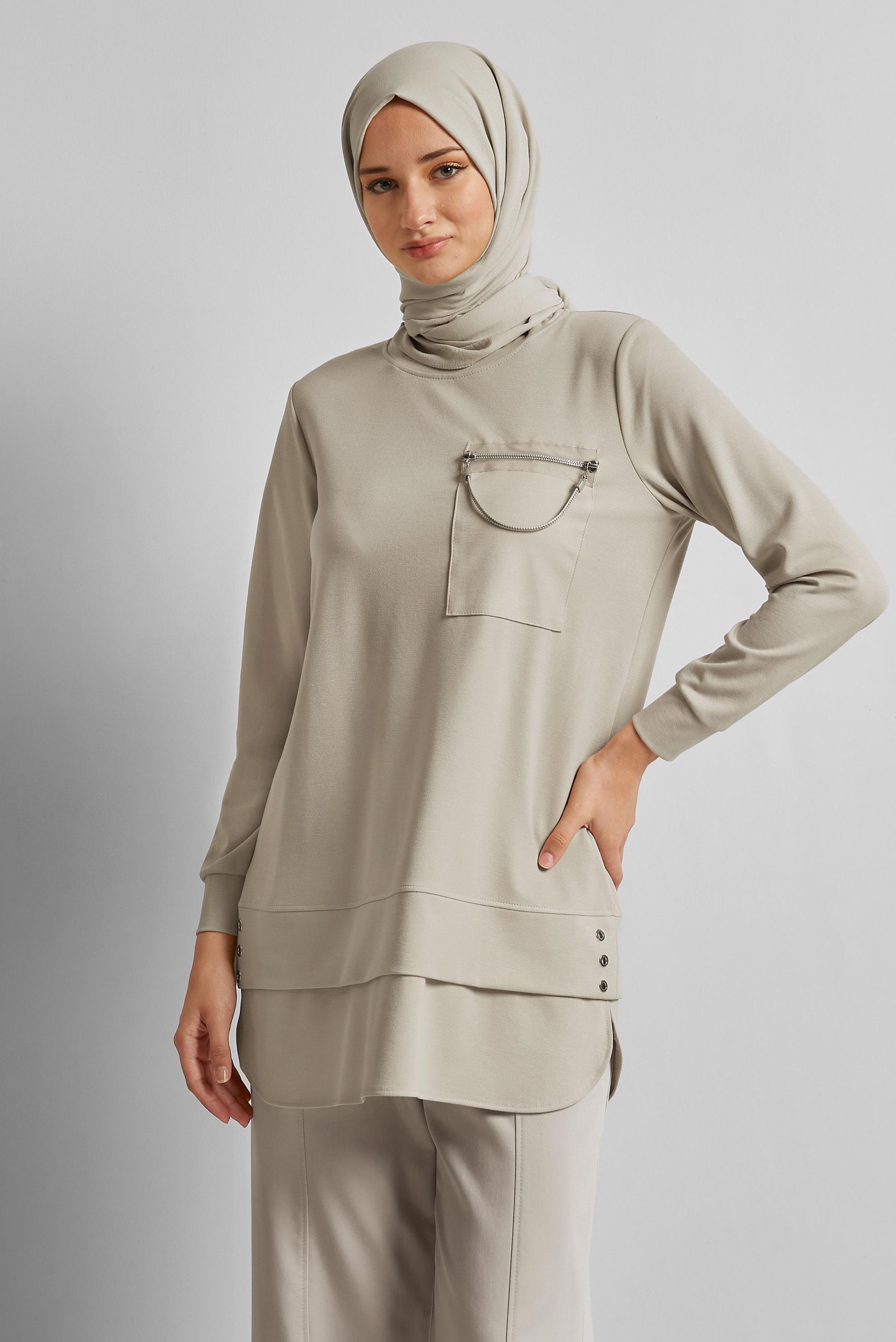 Vêtements hijab BEIGE TUNIQUE DE SURVÊTEMENT DÉTAILLÉE DE CHAÎNE 45628