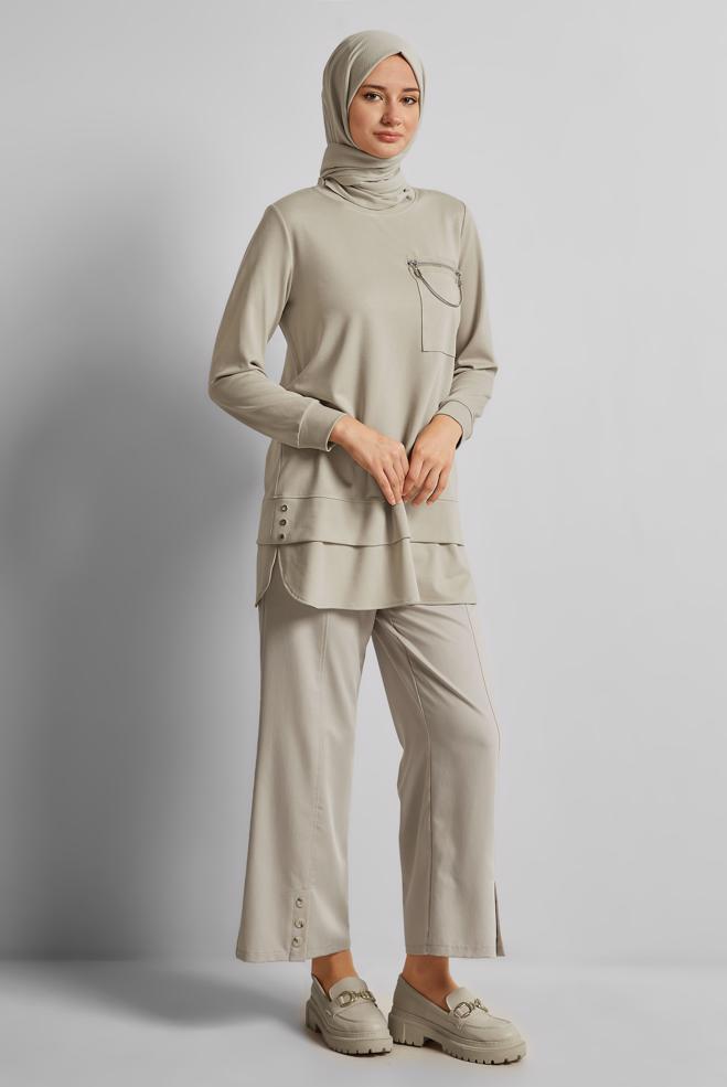 Hijab clothing BEIGE CHAIN DETAILED TRACKSUIT TUNIC 45628 - ALVİNA