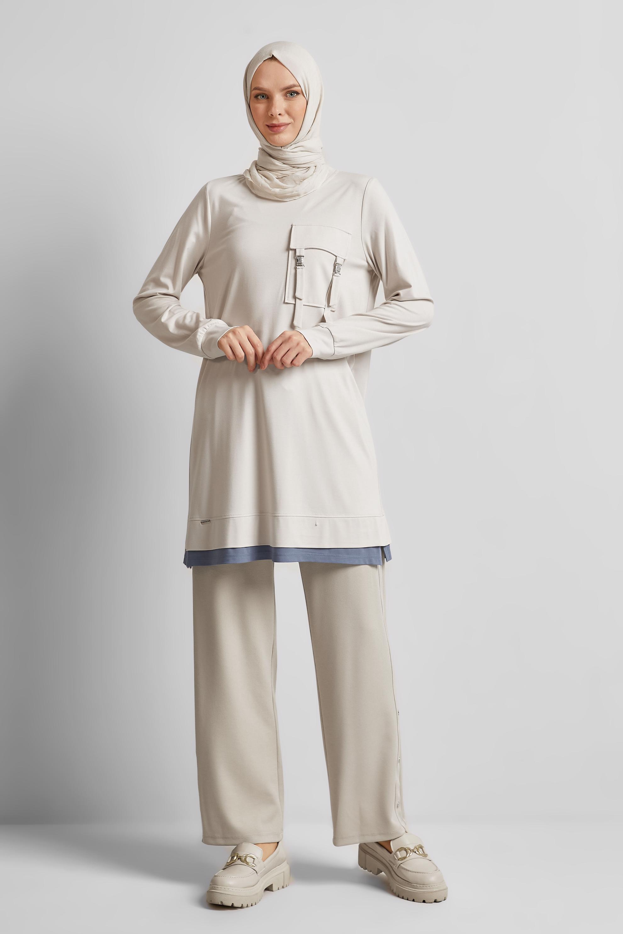 Tesettür giyim BEJ CEPLİ EŞOFMAN TUNİK 45629