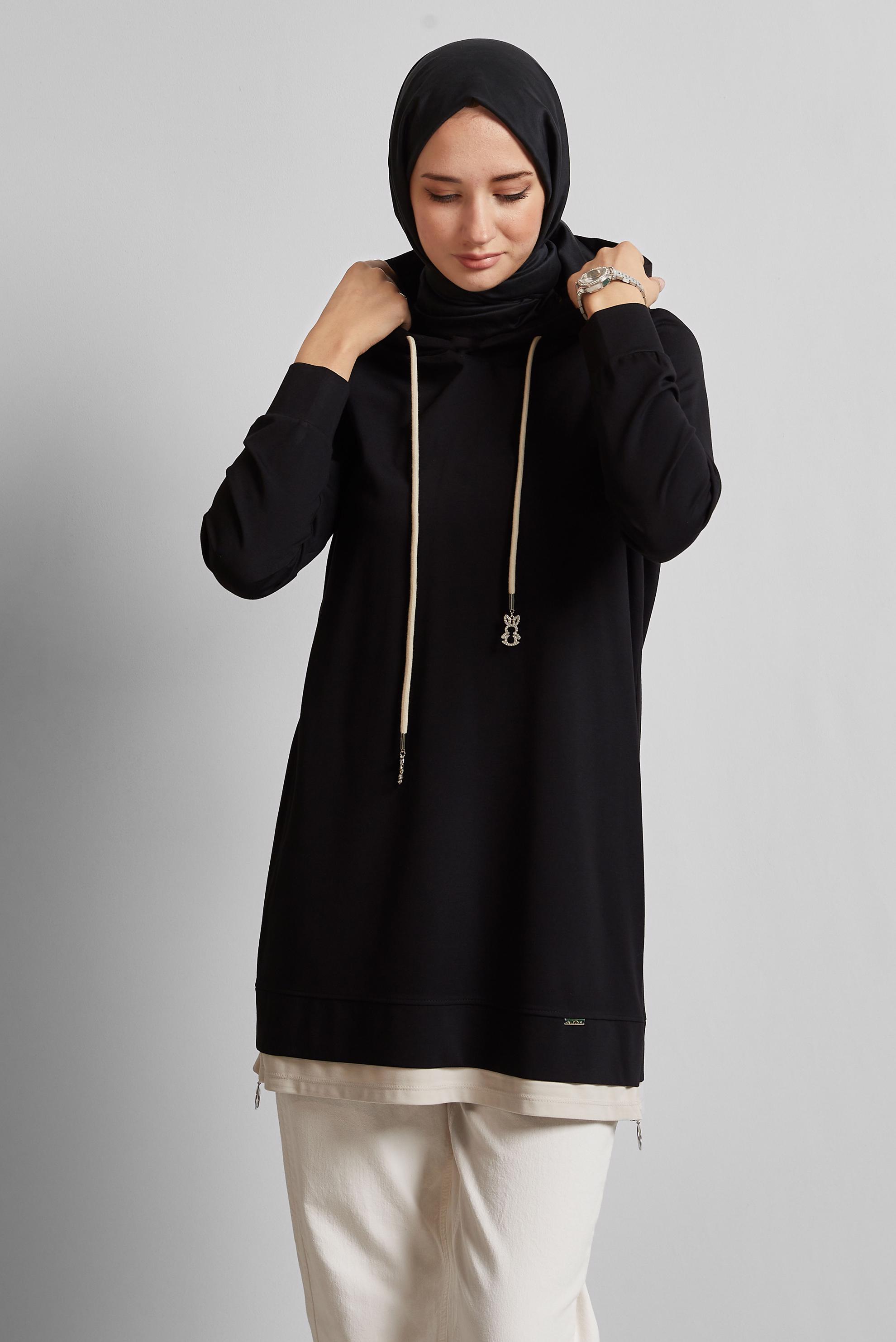 Tesettür giyim SİYAH KAPÜŞONLU EŞOFMAN TUNİK 45630