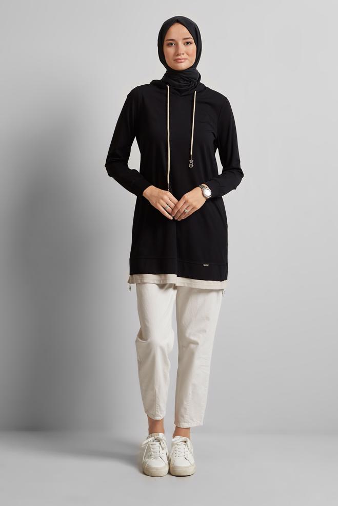 Hijab-Kleidung SCHWARZ KAPUZEN-TRAININGSANZUG-TUNIKA 45630 - ALVİNA