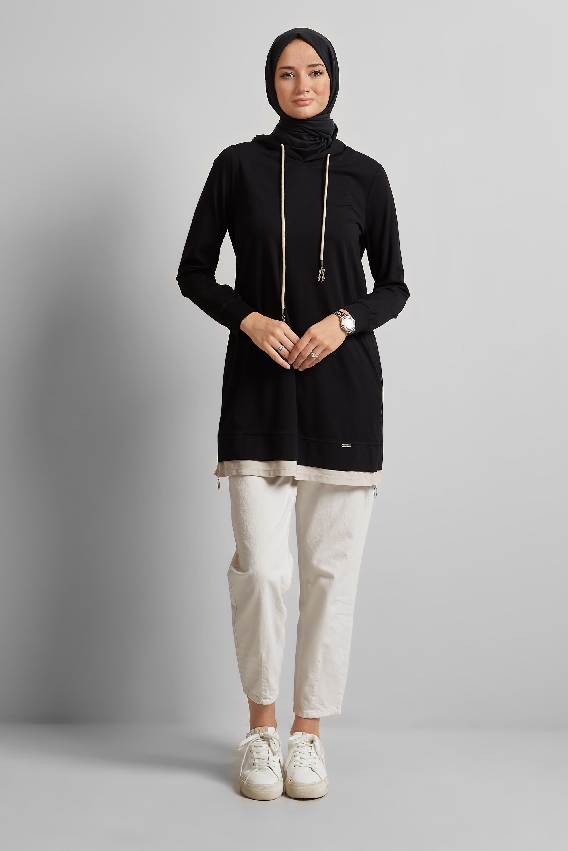 Tesettür giyim SİYAH KAPÜŞONLU EŞOFMAN TUNİK 45630