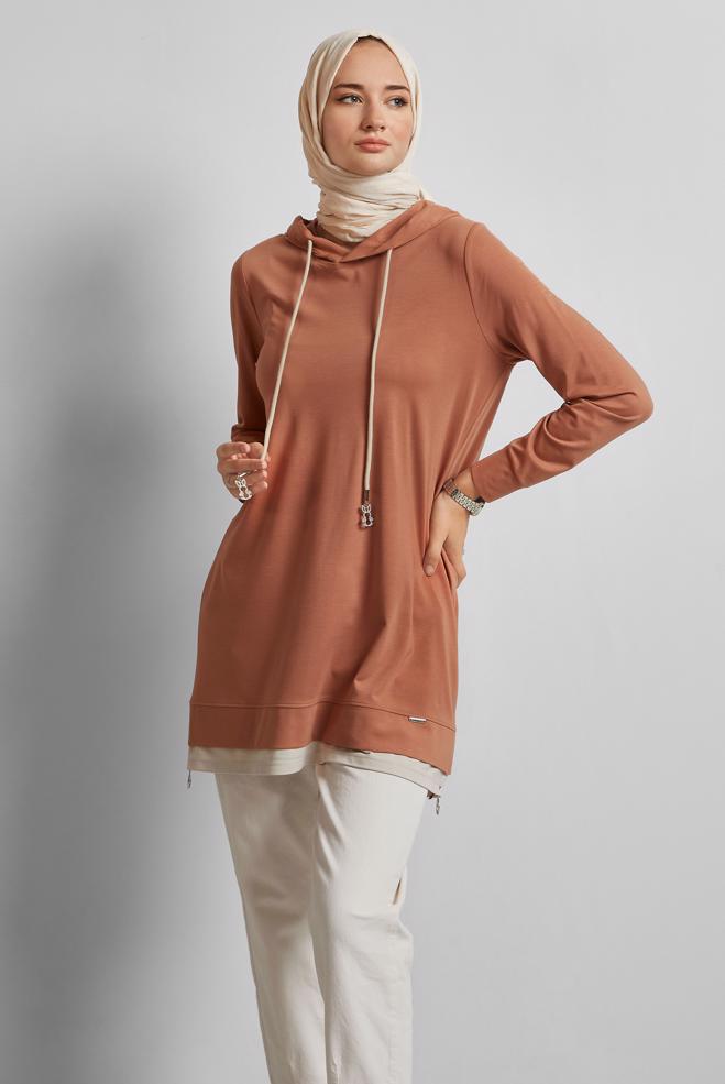 Hijab-Kleidung BRAUN KAPUZEN-TRAININGSANZUG-TUNIKA 45630 - ALVİNA