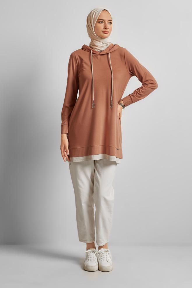 Hijab-Kleidung BRAUN KAPUZEN-TRAININGSANZUG-TUNIKA 45630 - ALVİNA