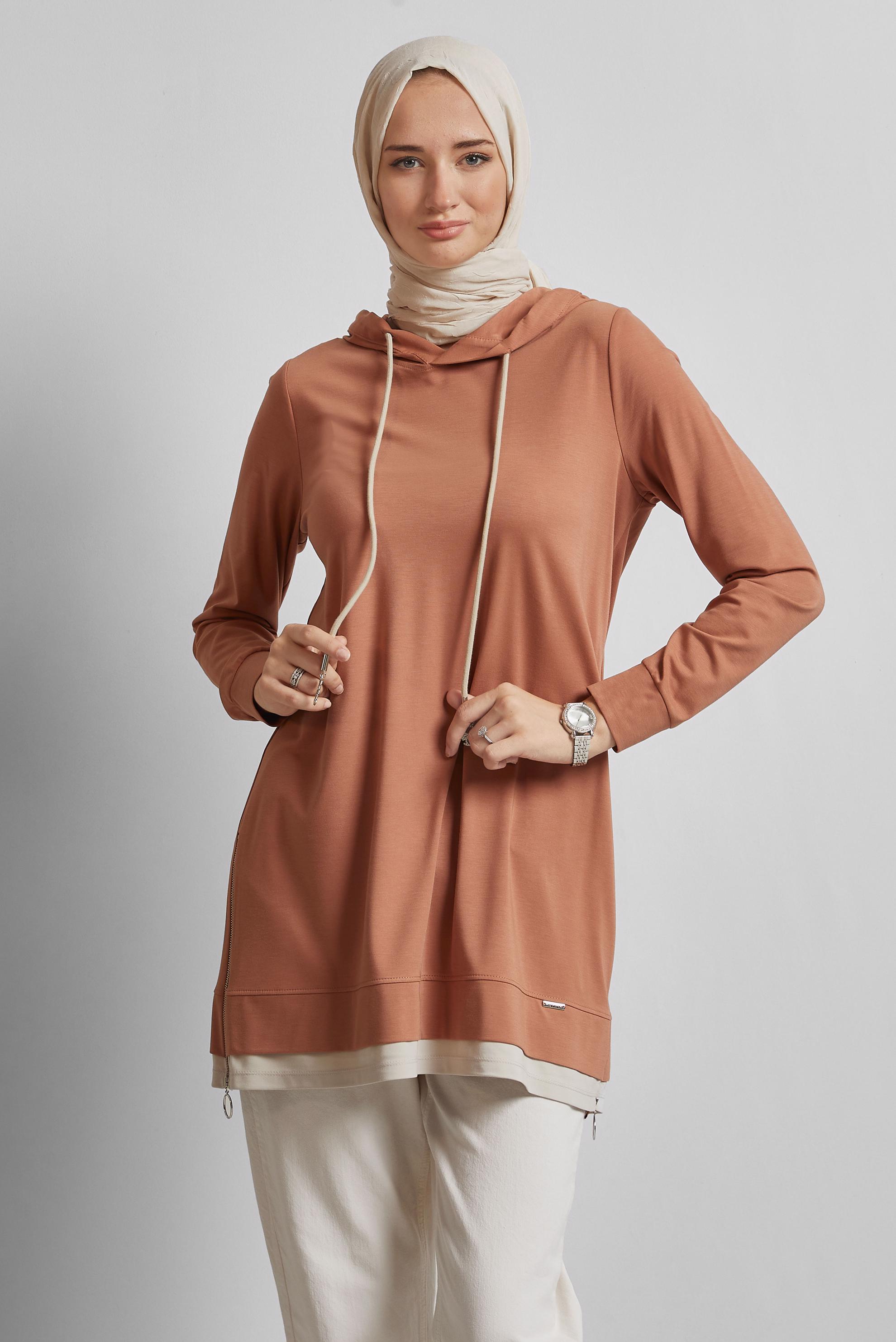 Tesettür giyim KAHVE KAPÜŞONLU EŞOFMAN TUNİK 45630
