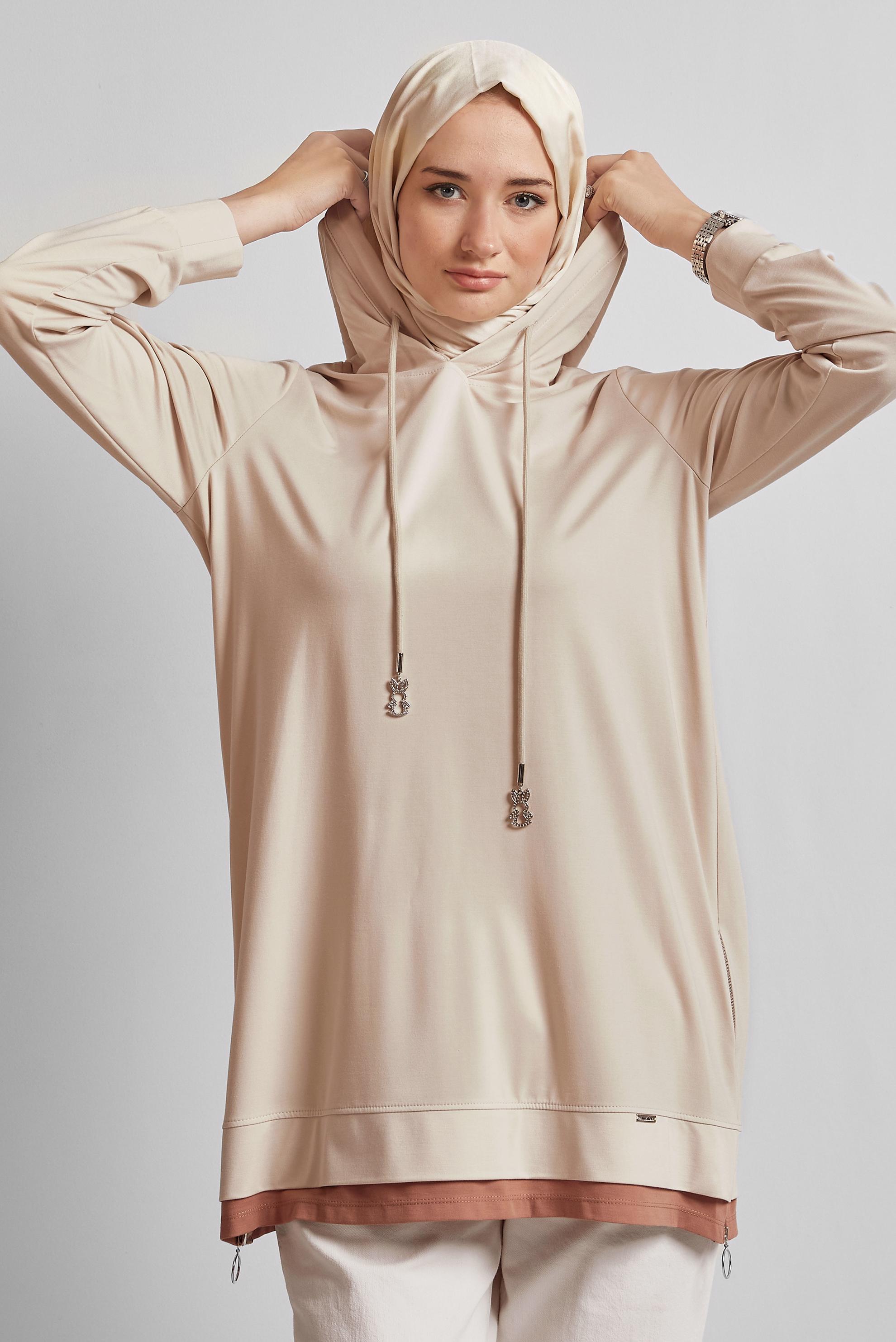 Tesettür giyim EKRU KAPÜŞONLU EŞOFMAN TUNİK 45630