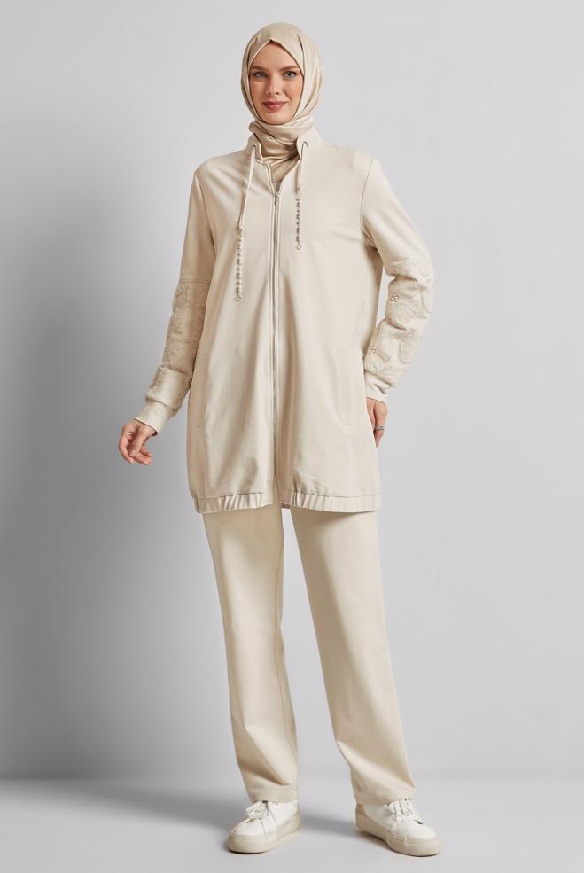 Vêtements hijab BEIGE ENSEMBLE SURVÊTEMENT ZIPPÉ 45631 - ALVİNA