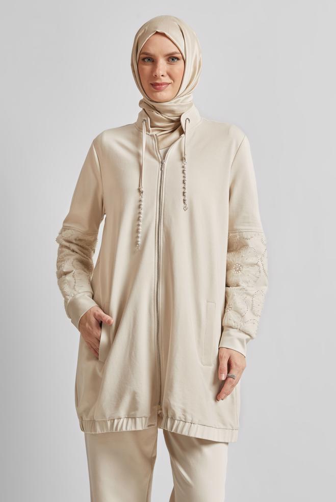 Vêtements hijab BEIGE ENSEMBLE SURVÊTEMENT ZIPPÉ 45631 - ALVİNA