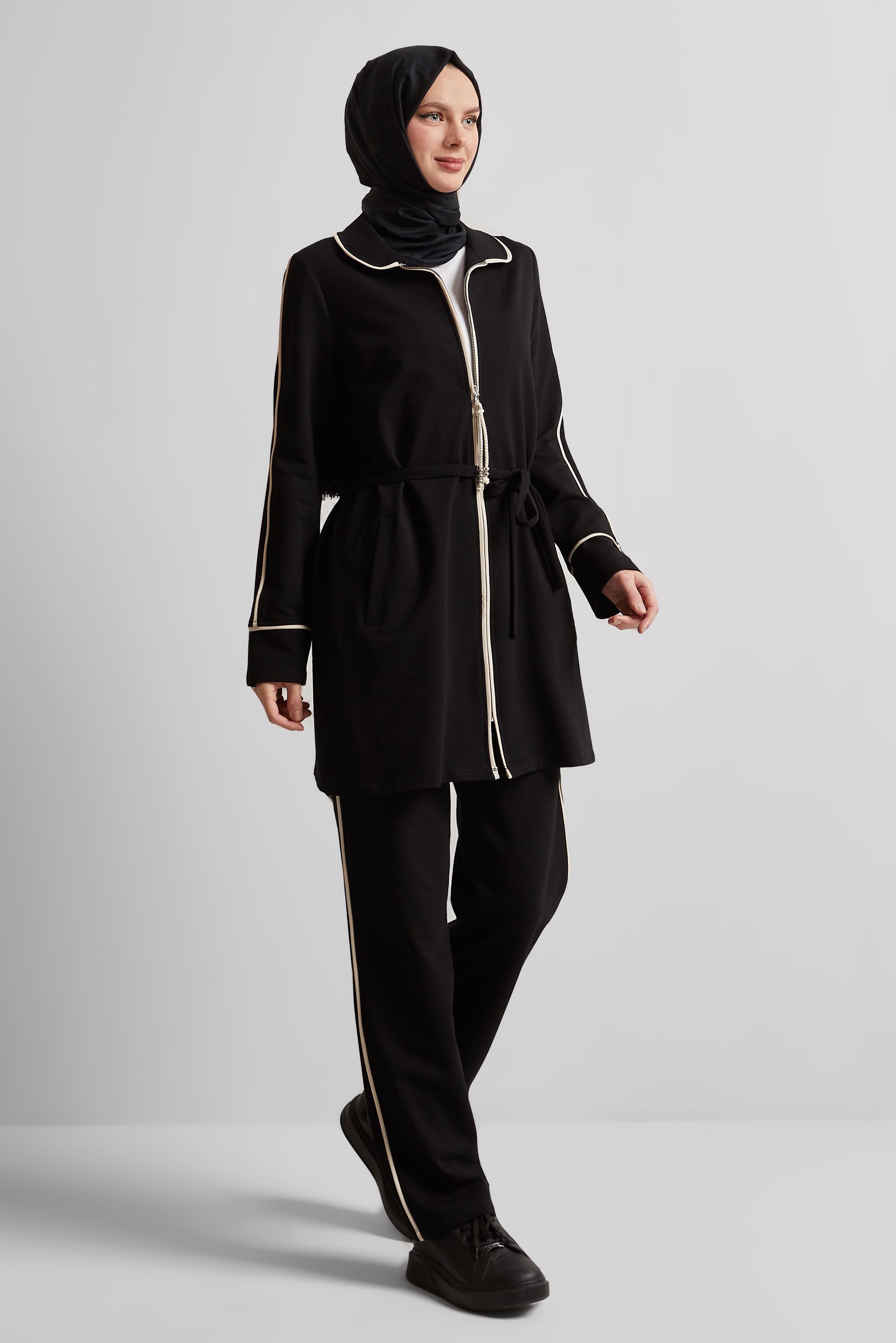 Tesettür giyim SİYAH KUŞAKLI PANTOLONLU EŞOFMAN TAKIM 45632