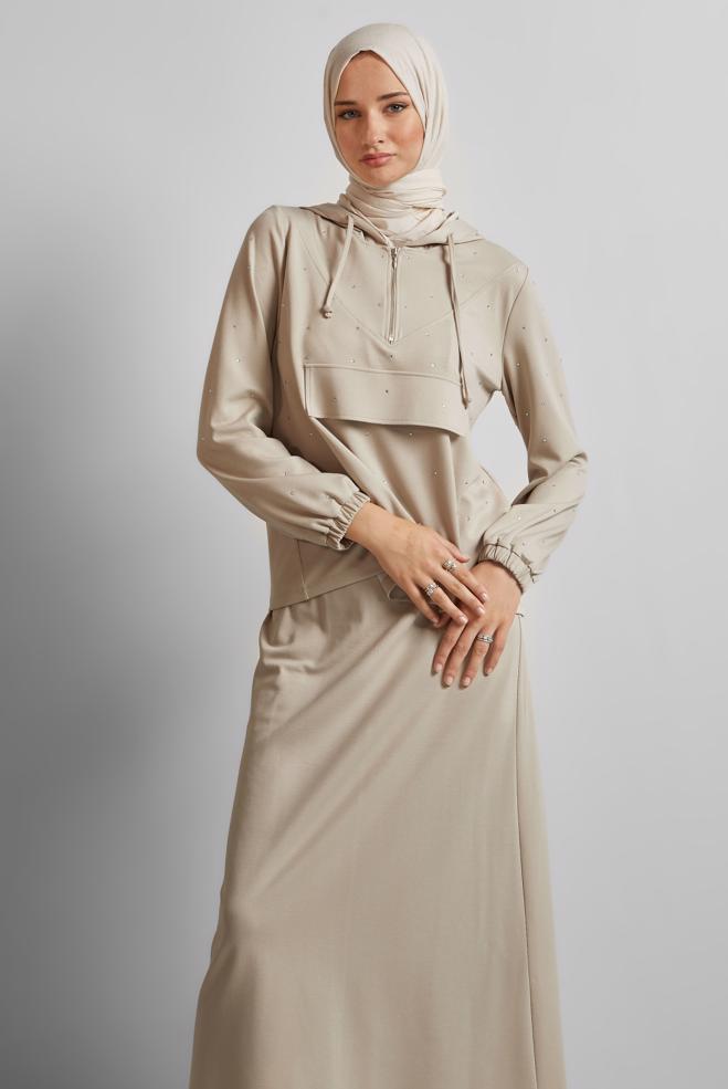 Vêtements hijab BEIGE ENSEMBLE JUPE DE SURVÊTEMENT 45633 - ALVİNA