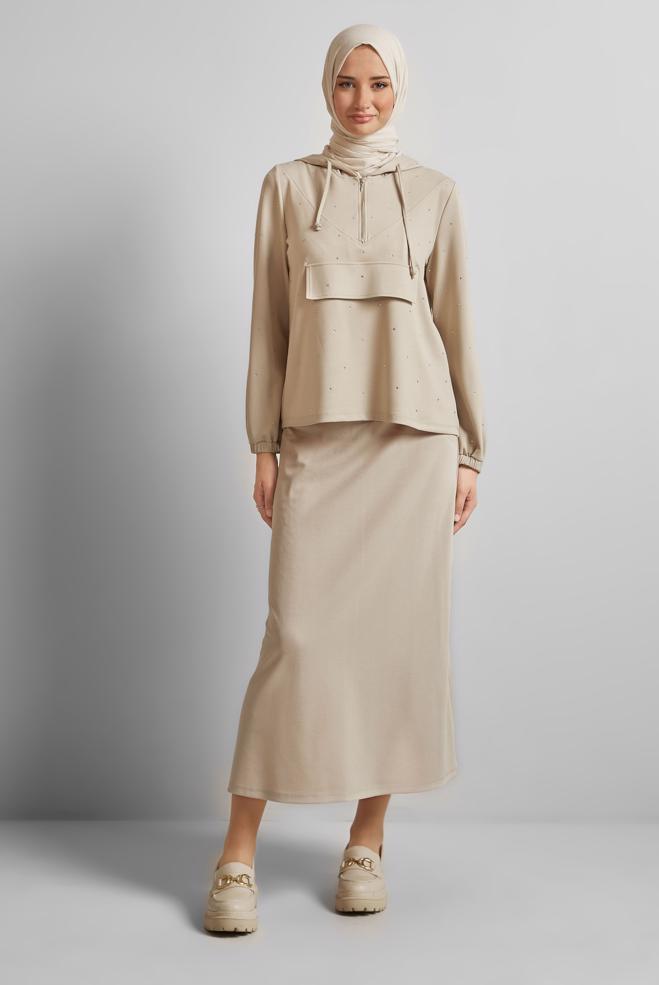 Vêtements hijab BEIGE ENSEMBLE JUPE DE SURVÊTEMENT 45633 - ALVİNA