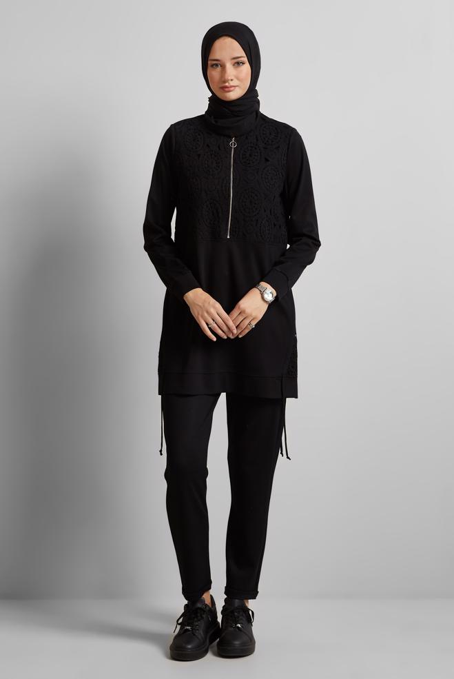 Hijab-Kleidung SCHWARZ TRAININGSANZUG TUNIKA 45667 - ALVİNA