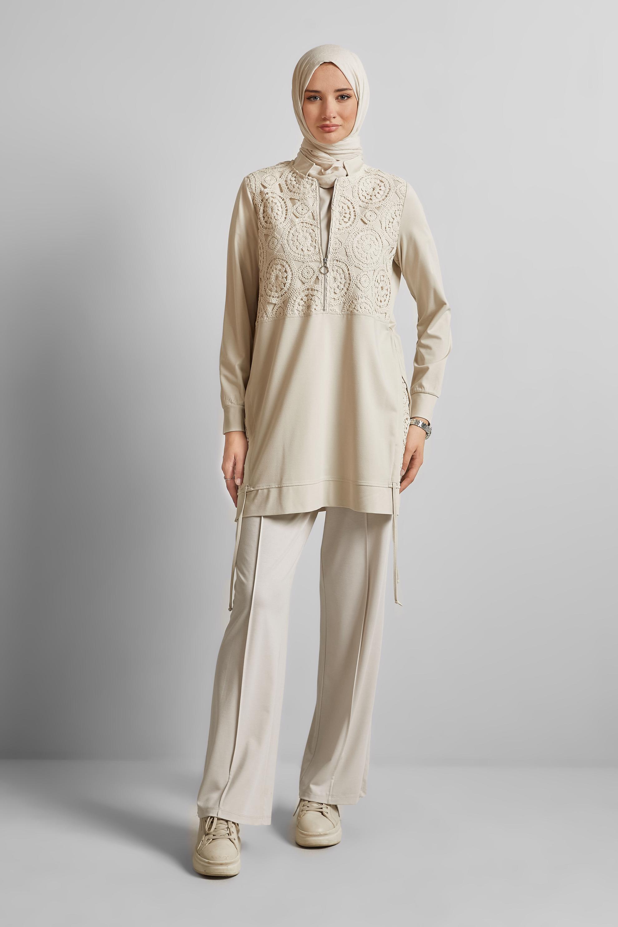 Tesettür giyim EKRU NAKIŞ DETAYLI EŞOFMAN TUNİK 45667