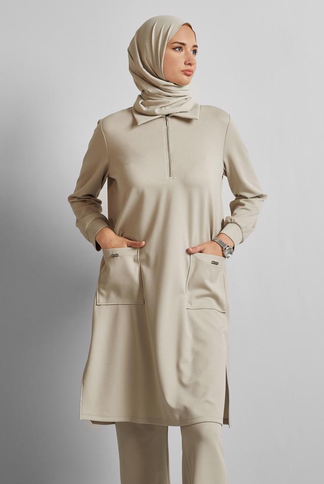 Hijab-Kleidung BEIGE TRAININGSANZUG-SET MIT HOSE 45670 - ALVİNA