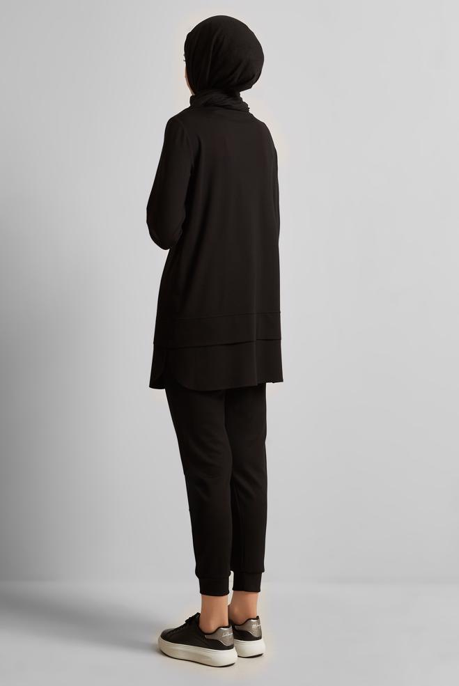 Hijab-Kleidung SCHWARZ BEDRUCKTE TRAININGSANZUG-TUNIKA 45691 - ALVİNA