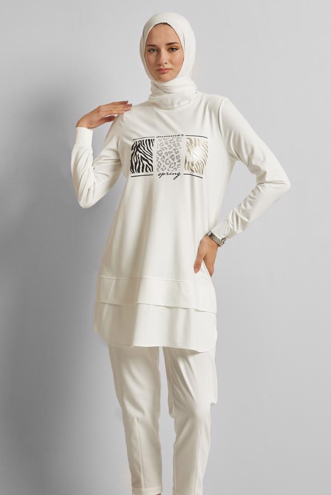 Hijab clothing WHITE PRINTED TRACKSUIT TUNIC 45691 - ALVİNA