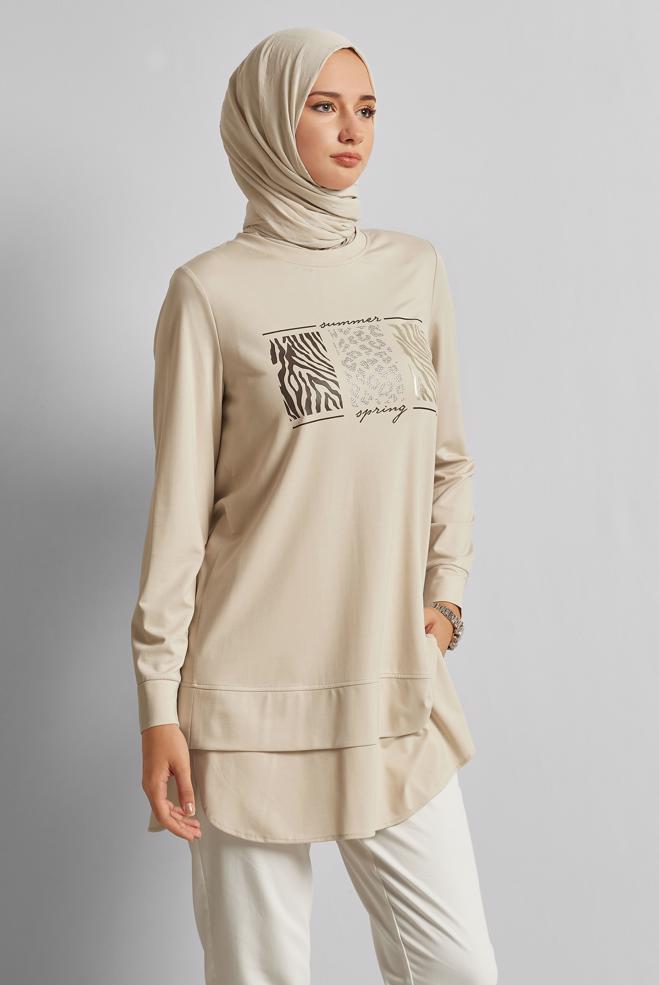 Hijab-Kleidung BEIGE BEDRUCKTE TRAININGSANZUG-TUNIKA 45691 - ALVİNA