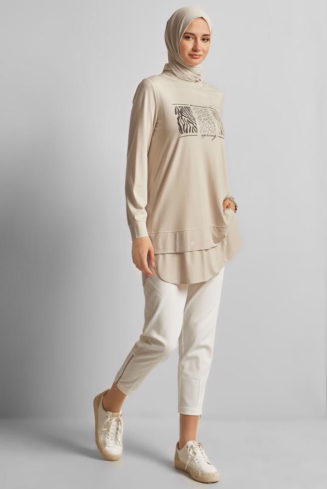 Hijab-Kleidung BEIGE BEDRUCKTE TRAININGSANZUG-TUNIKA 45691 - ALVİNA