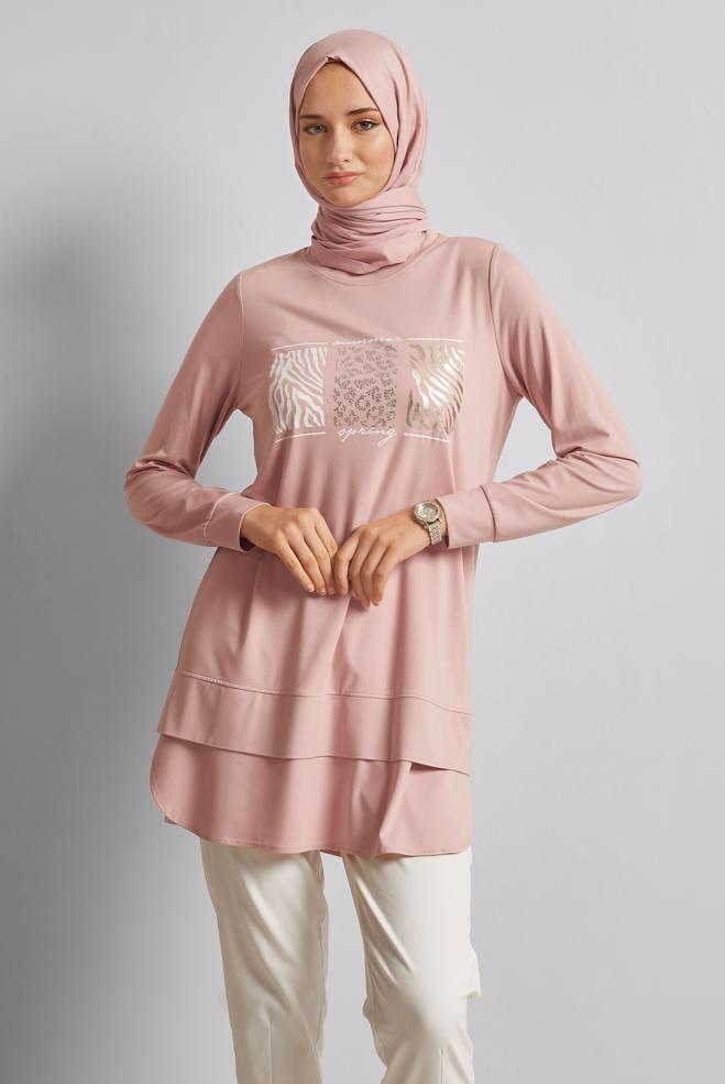 Hijab-Kleidung PULVER BEDRUCKTE TRAININGSANZUG-TUNIKA 45691 - ALVİNA