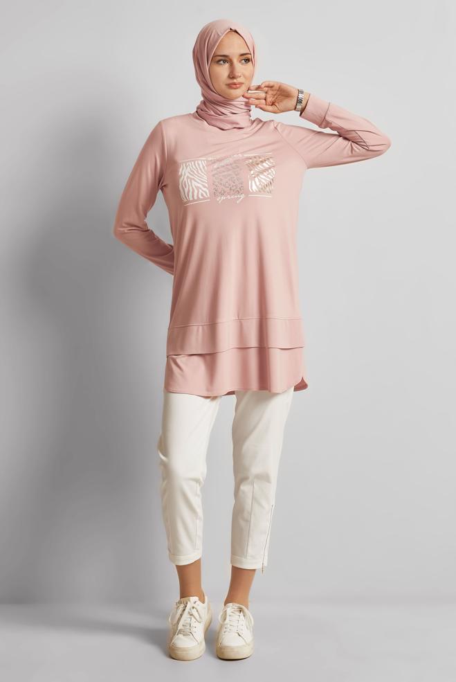 Hijab-Kleidung PULVER BEDRUCKTE TRAININGSANZUG-TUNIKA 45691 - ALVİNA