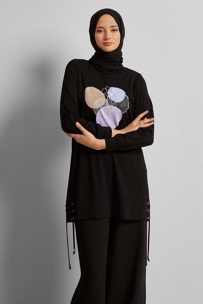 Hijab-Kleidung SCHWARZ BEDRUCKTE TRAININGSANZUG-TUNIKA 45692 - ALVİNA