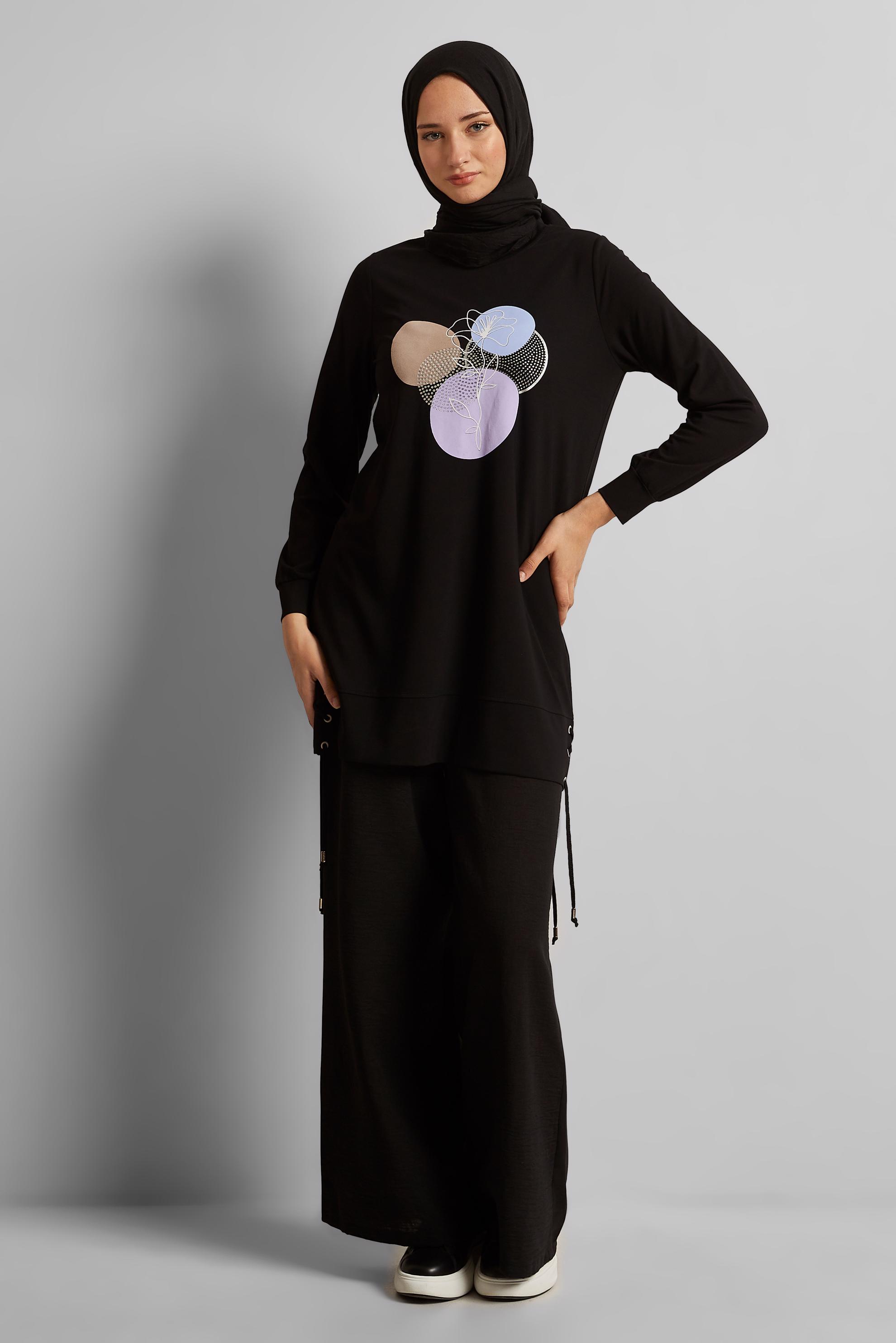 Tesettür giyim SİYAH BASKILI EŞOFMAN TUNİK 45692