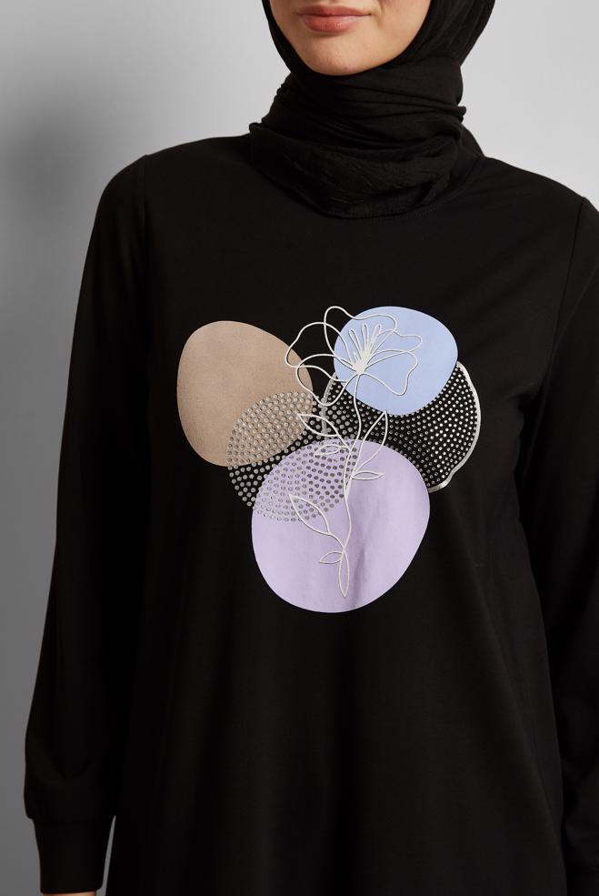 Hijab-Kleidung SCHWARZ BEDRUCKTE TRAININGSANZUG-TUNIKA 45692 - ALVİNA