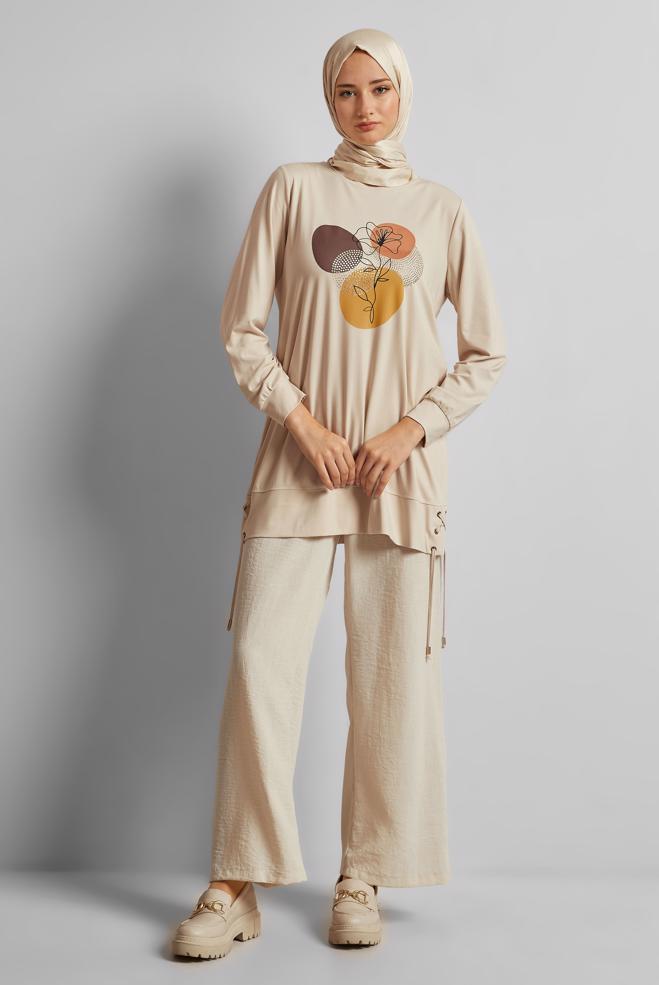 Hijab clothing BEIGE PRINTED TRACKSUIT TUNIC 45692 - ALVİNA