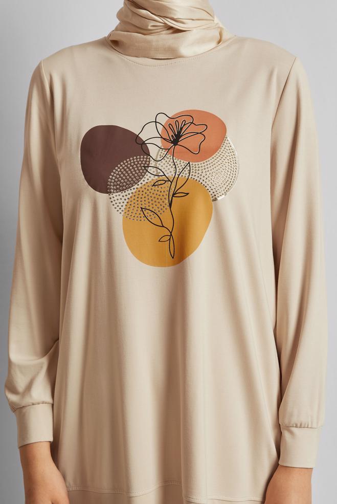 Hijab clothing BEIGE PRINTED TRACKSUIT TUNIC 45692 - ALVİNA