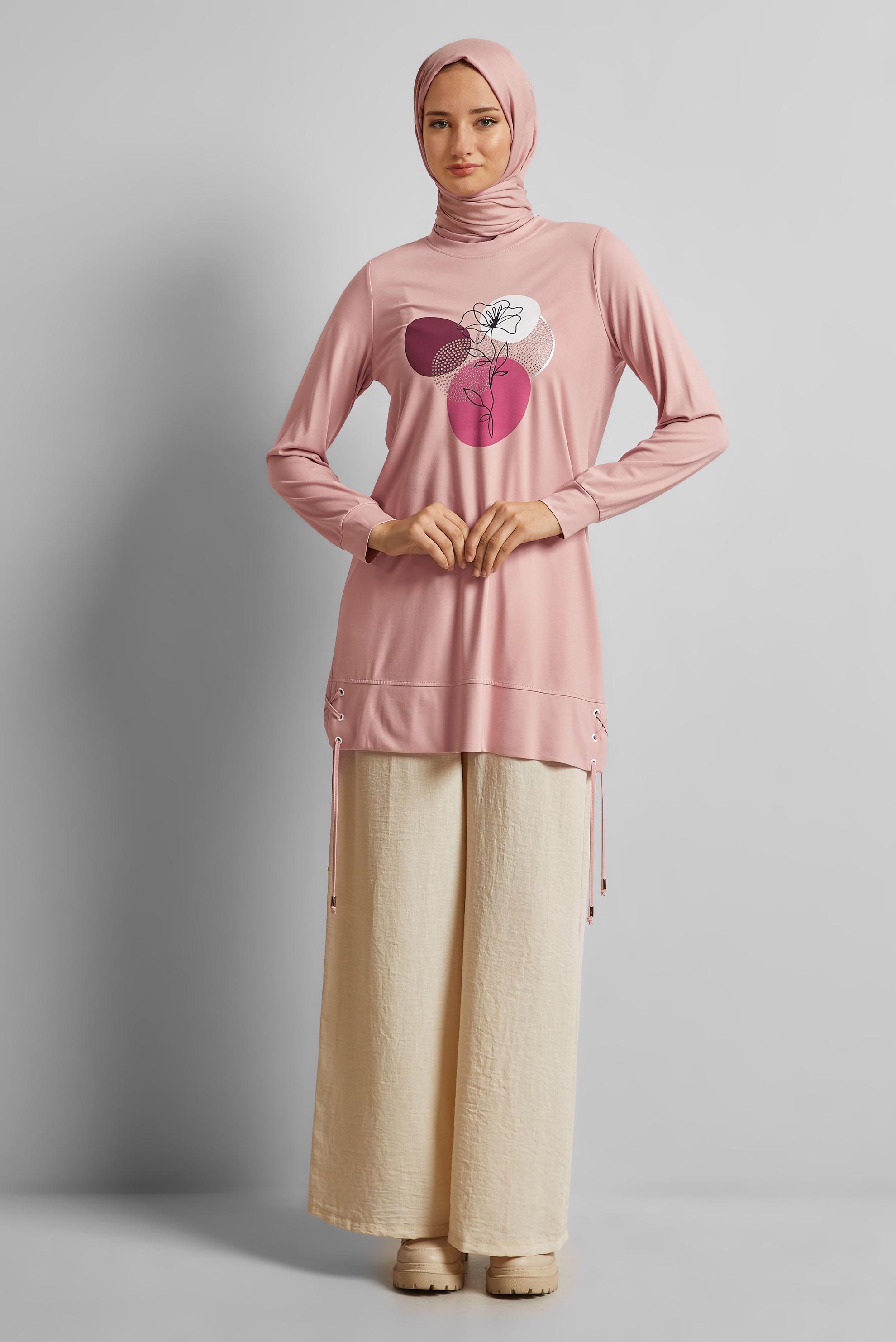 Tesettür giyim PUDRA BASKILI EŞOFMAN TUNİK 45692