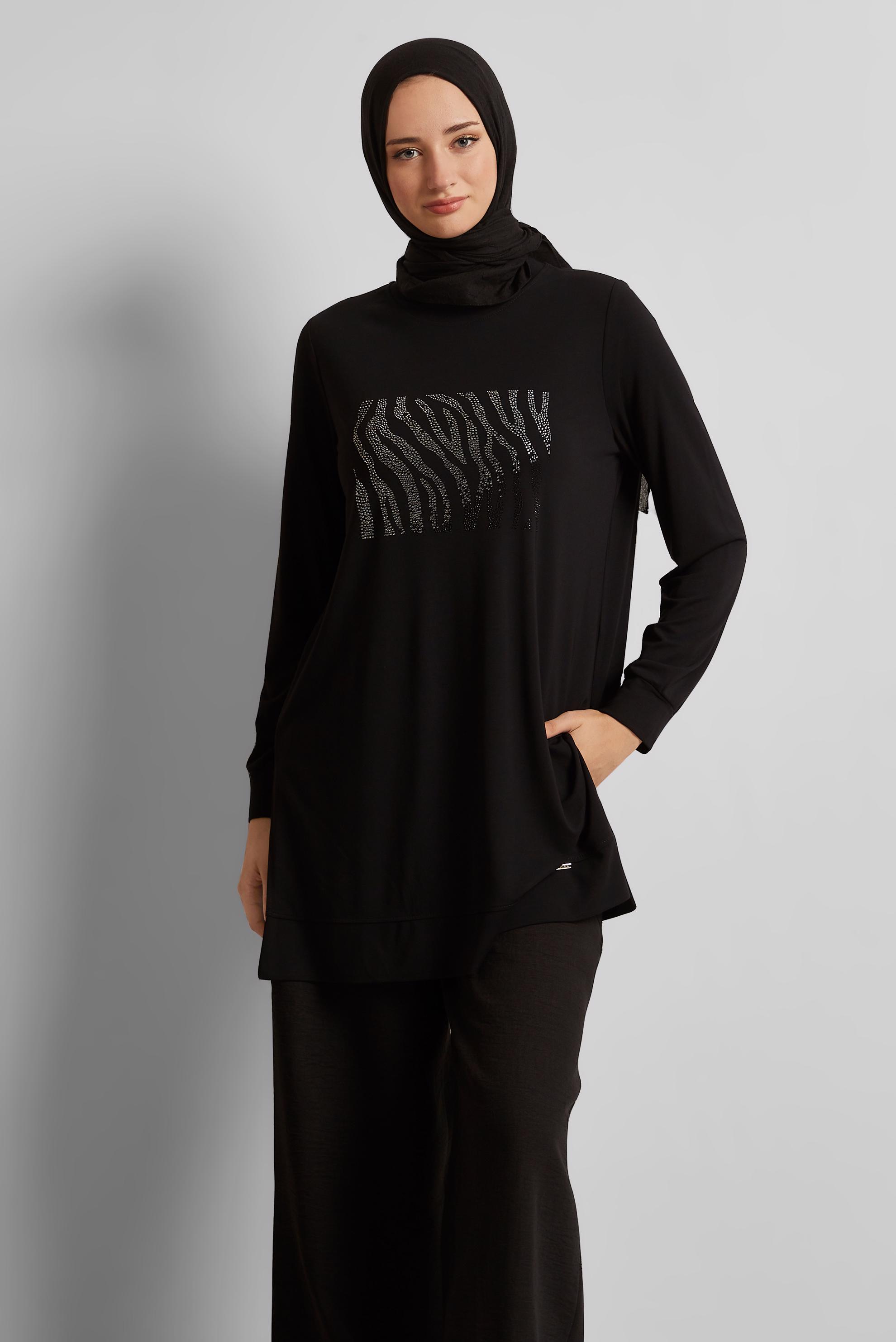 Vêtements hijab NOIR TUNIQUE DE SURVÊTEMENT IMPRIMÉE 45693