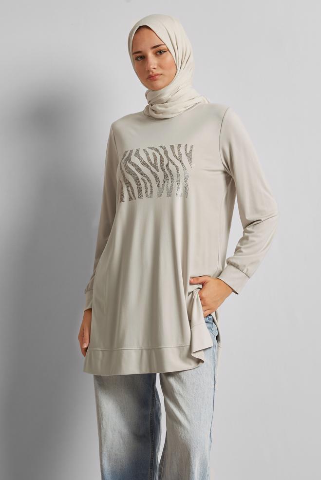 Hijab clothing BEIGE PRINTED TRACKSUIT TUNIC 45693 - ALVİNA
