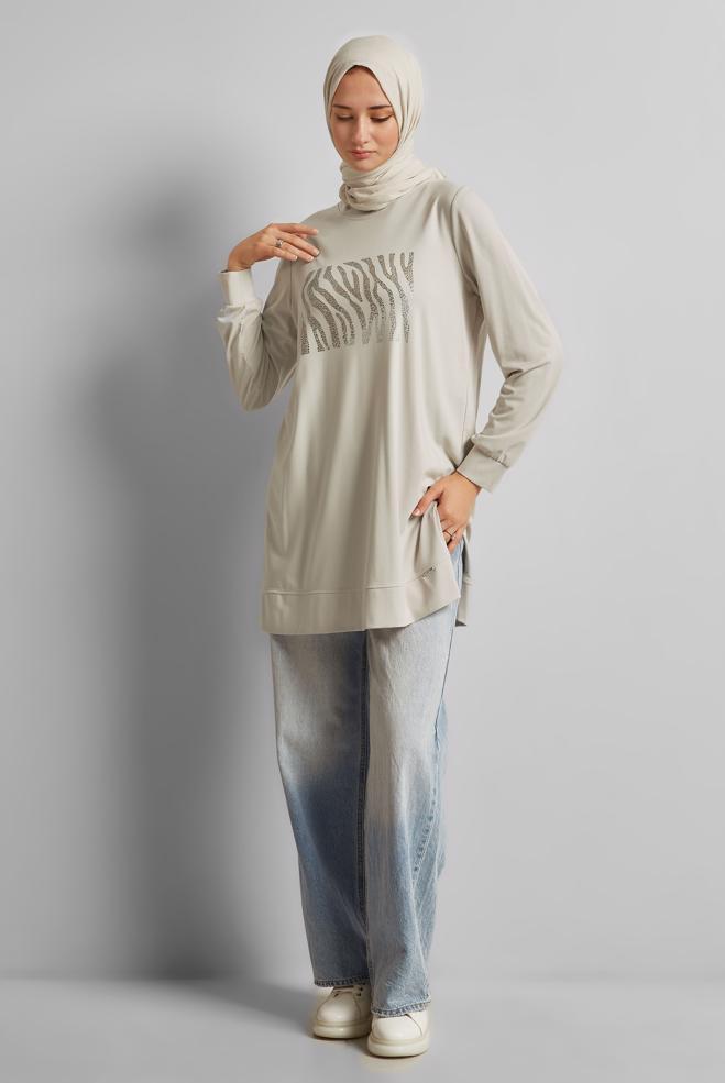 Hijab clothing BEIGE PRINTED TRACKSUIT TUNIC 45693 - ALVİNA