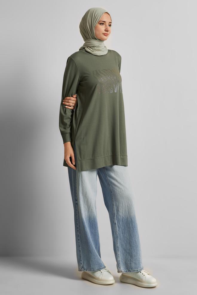Hijab clothing KHAKI PRINTED TRACKSUIT TUNIC 45693 - ALVİNA