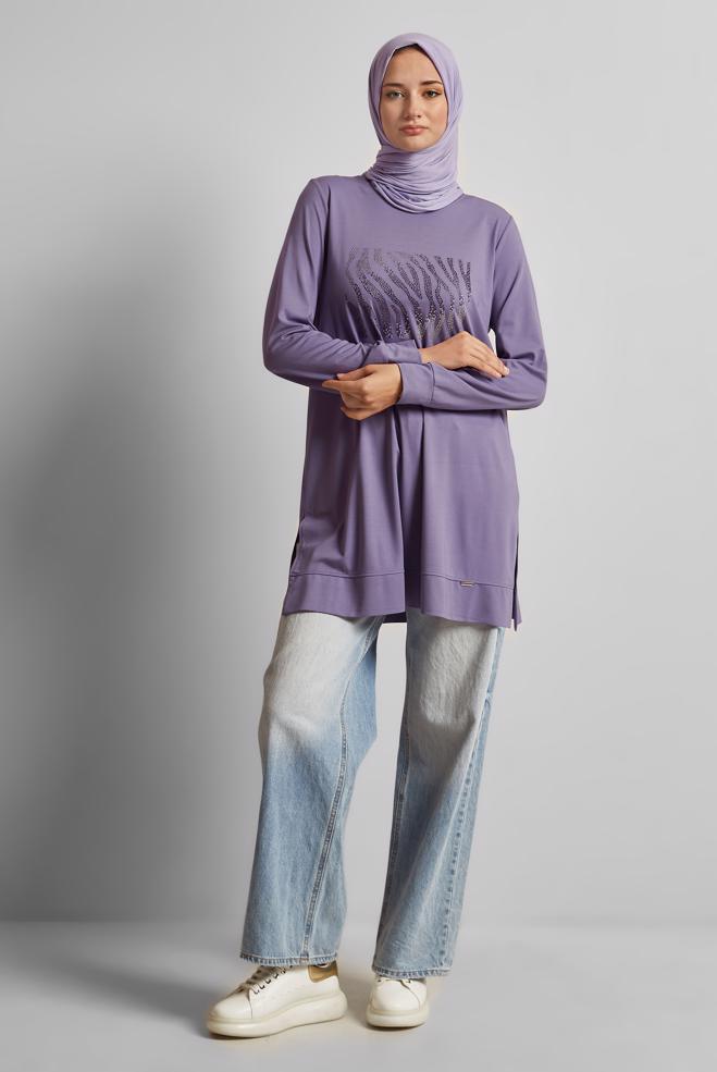 Hijab-Kleidung LILA BEDRUCKTE TRAININGSANZUG-TUNIKA 45693 - ALVİNA