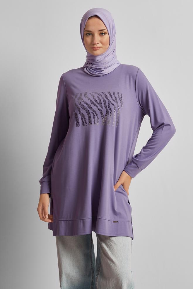 Hijab-Kleidung LILA BEDRUCKTE TRAININGSANZUG-TUNIKA 45693 - ALVİNA
