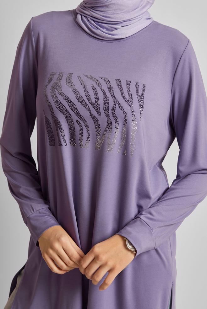 Hijab-Kleidung LILA BEDRUCKTE TRAININGSANZUG-TUNIKA 45693 - ALVİNA