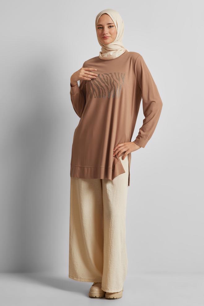 Hijab clothing BROWN PRINTED TRACKSUIT TUNIC 45693 - ALVİNA
