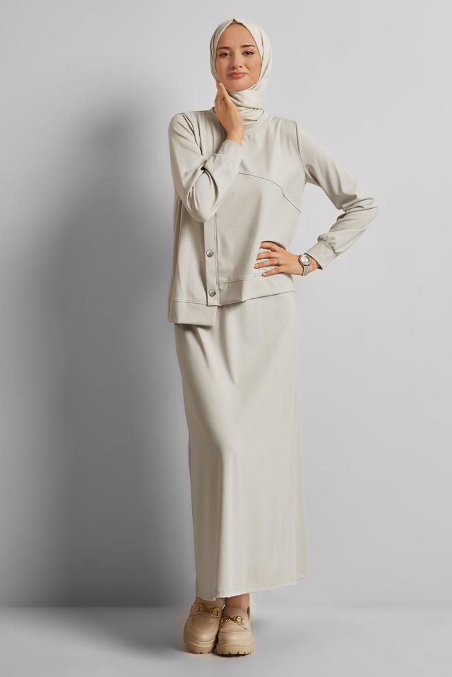 Vêtements hijab BEIGE ENSEMBLE DE SURVÊTEMENT JUPE 45698 - ALVİNA