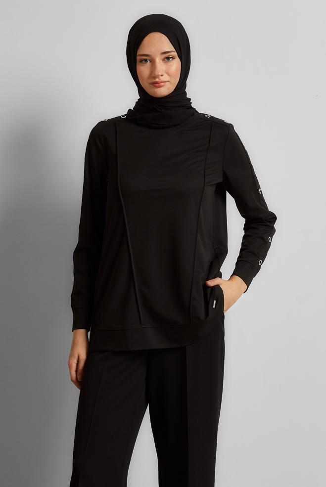 Hijab clothing BLACK CREW-NECK TRACKSUIT TUNIC 45699 - ALVİNA