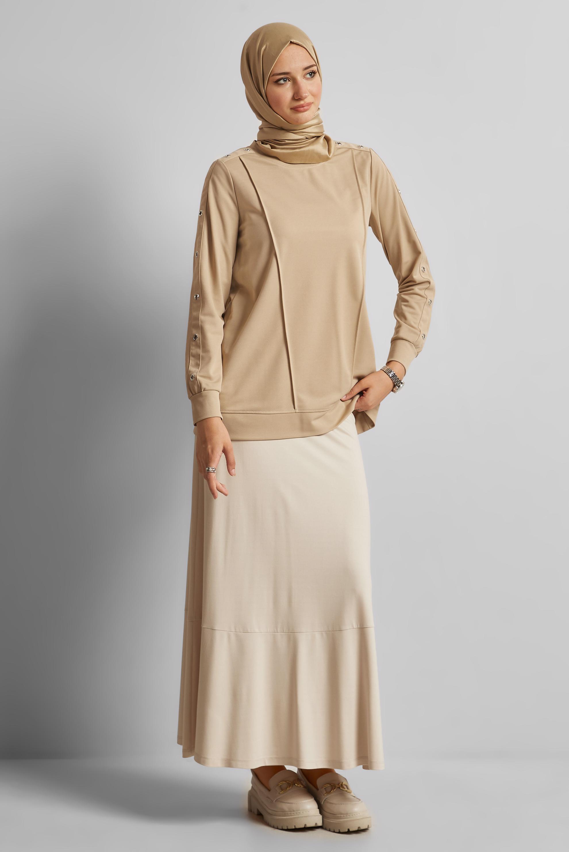 Vêtements hijab BEIGE TUNIQUE DE SURVÊTEMENT À COL ROND 45699