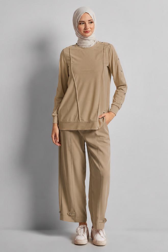 Vêtements hijab BEIGE TUNIQUE DE SURVÊTEMENT À COL ROND 45699 - ALVİNA