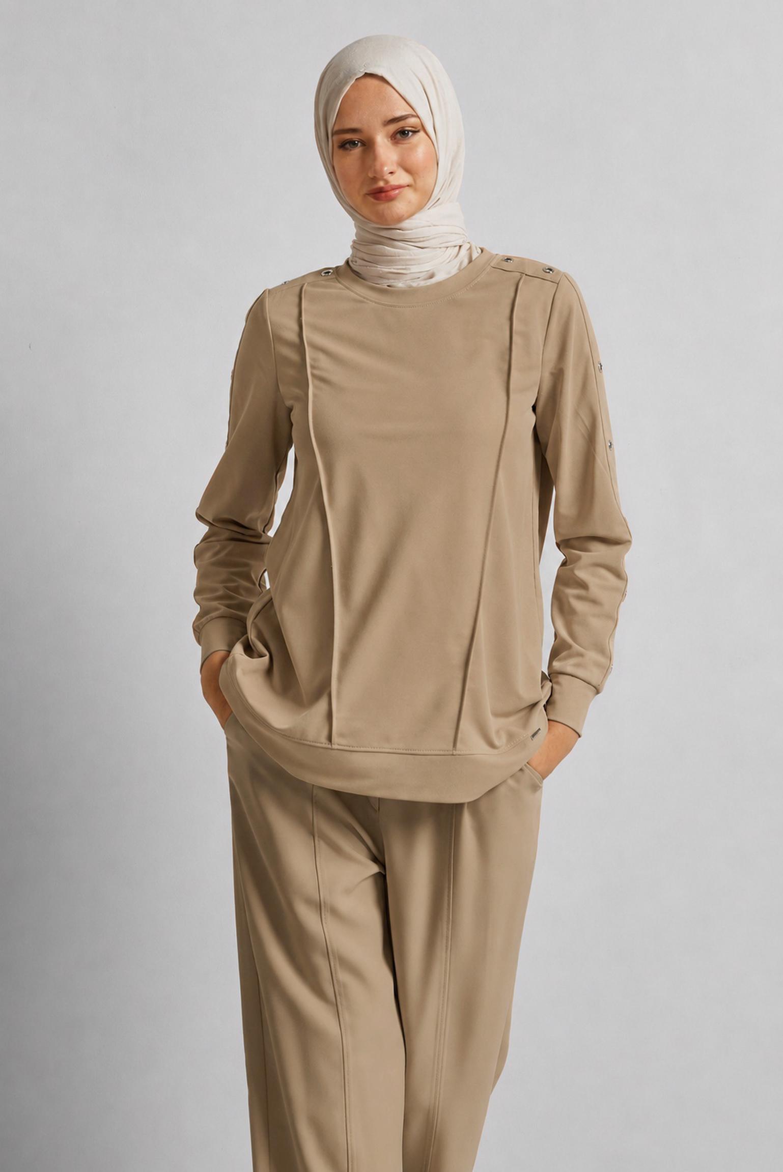 Vêtements hijab BEIGE TUNIQUE DE SURVÊTEMENT À COL ROND 45699