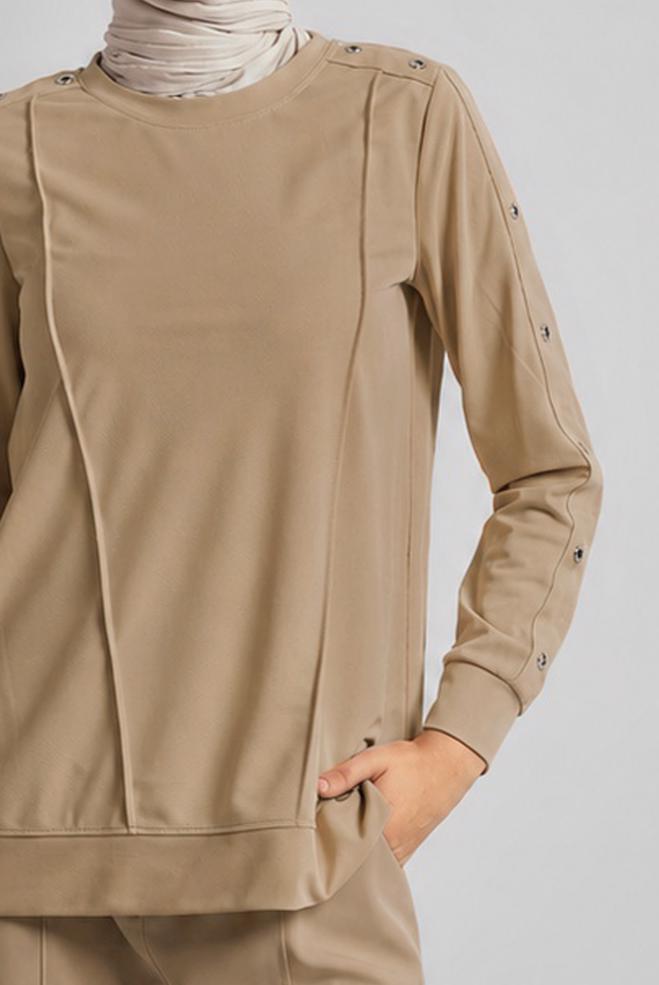 Vêtements hijab BEIGE TUNIQUE DE SURVÊTEMENT À COL ROND 45699 - ALVİNA