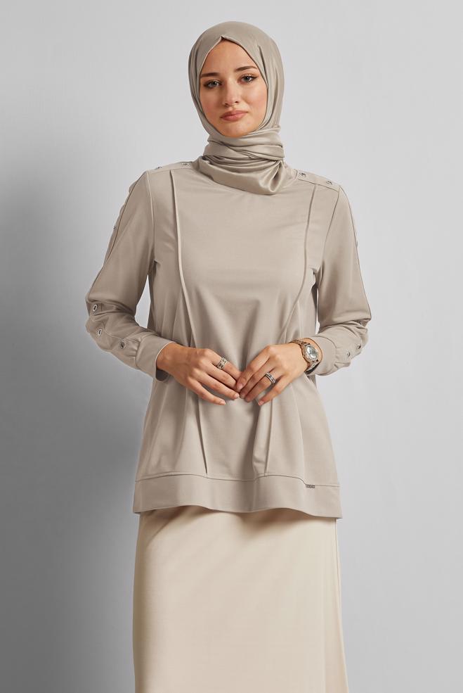 Hijab clothing BEIGE CREW-NECK TRACKSUIT TUNIC 45699 - ALVİNA