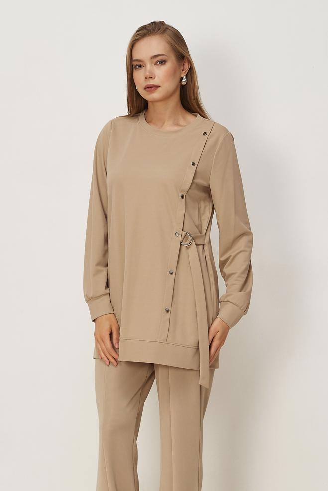 Vêtements hijab BEIGE TUNIQUE DE SURVÊTEMENT À COL ROND 45700 - ALVİNA