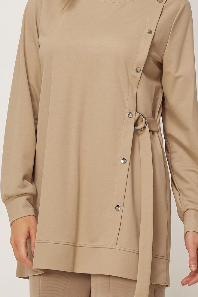 Vêtements hijab BEIGE TUNIQUE DE SURVÊTEMENT À COL ROND 45700 - ALVİNA