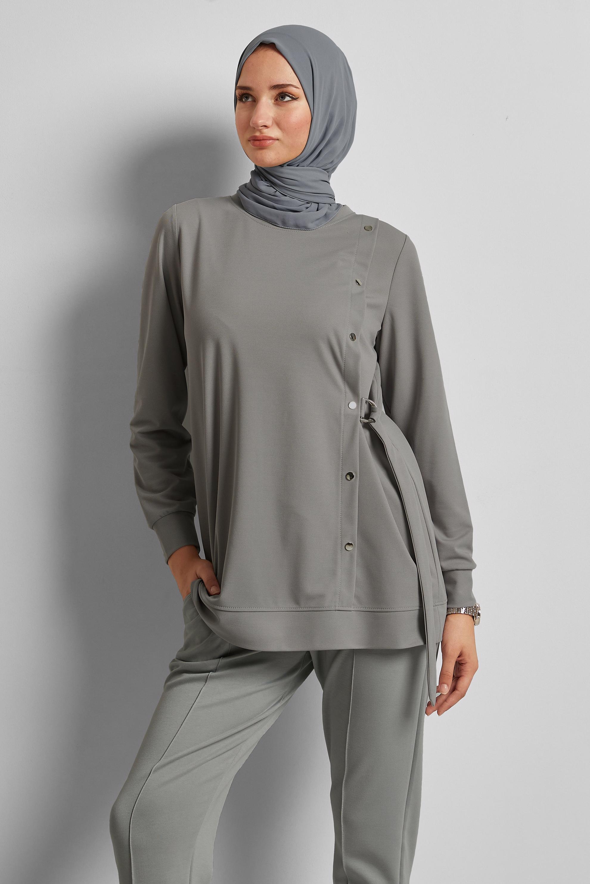 Tesettür giyim GRİ BİSİKLET YAKA EŞOFMAN TUNİK 45700